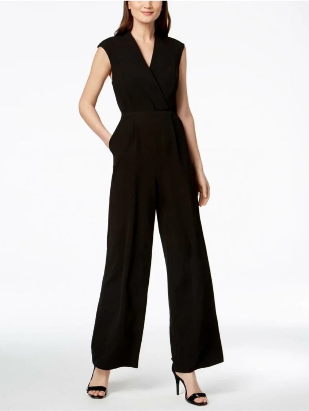 Calvin Klein Surplice V-Neck Wide Leg Sleeveless Jumpsuit Black Size 8
